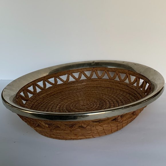 VTG Pine Needle Metal Edge Basket Bowl Handcrafted Coiled Tray Nature Inspired - Picture 4 of 9